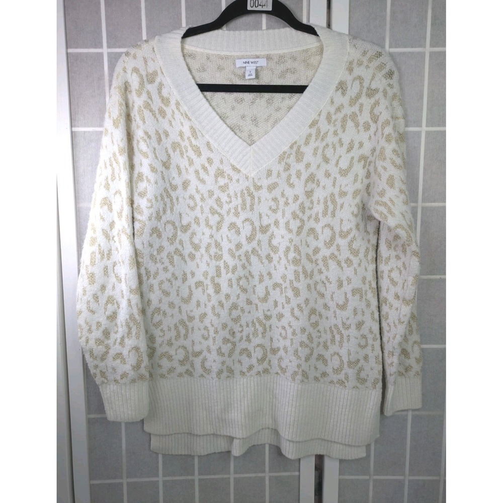 Nine West Women's Sweater Small Ivory Gold Leopard Animal Print V Neck Y2K